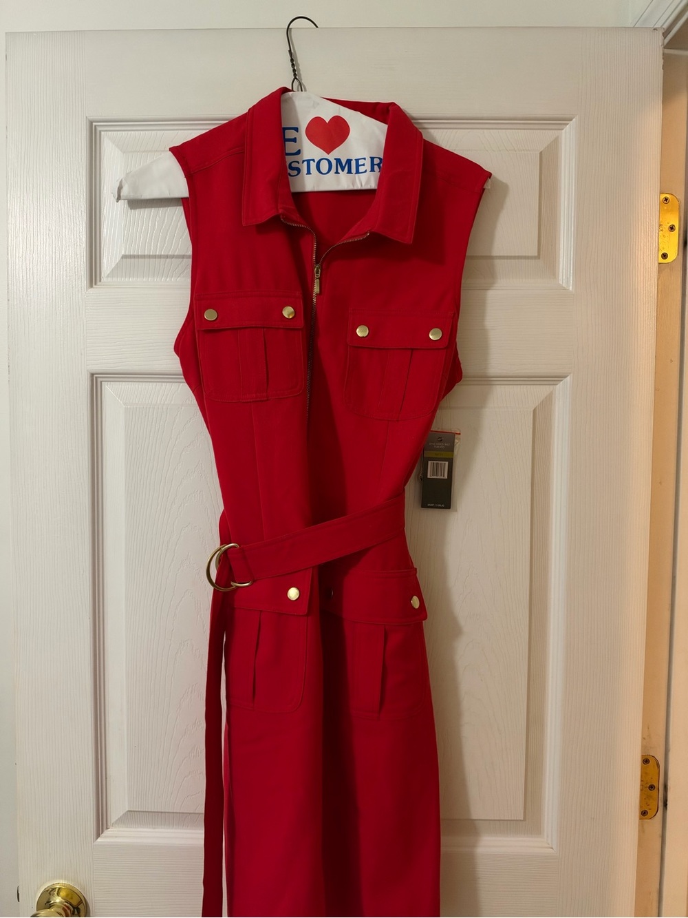 Sharagano Red Sleeveless Midi Shirtdress with Belt